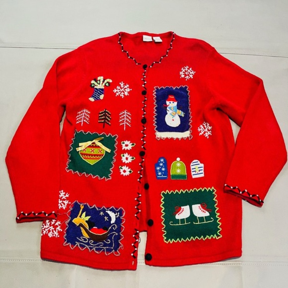 VTG‎ Cherokee Women Red Christmas Xmas Office Party Ugly Sweater Snowman-XL-4333